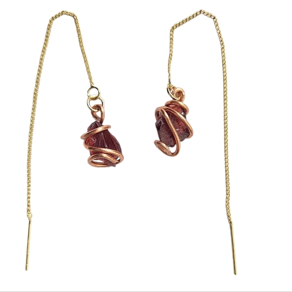 Garnet Threader Earrings 18K Gold Plated Wire-Wrapped Earrings - Picture 1 of 3
